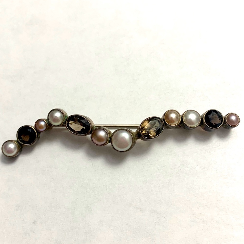 Sterling Silver Pearl and Smoky Quartz Brooch